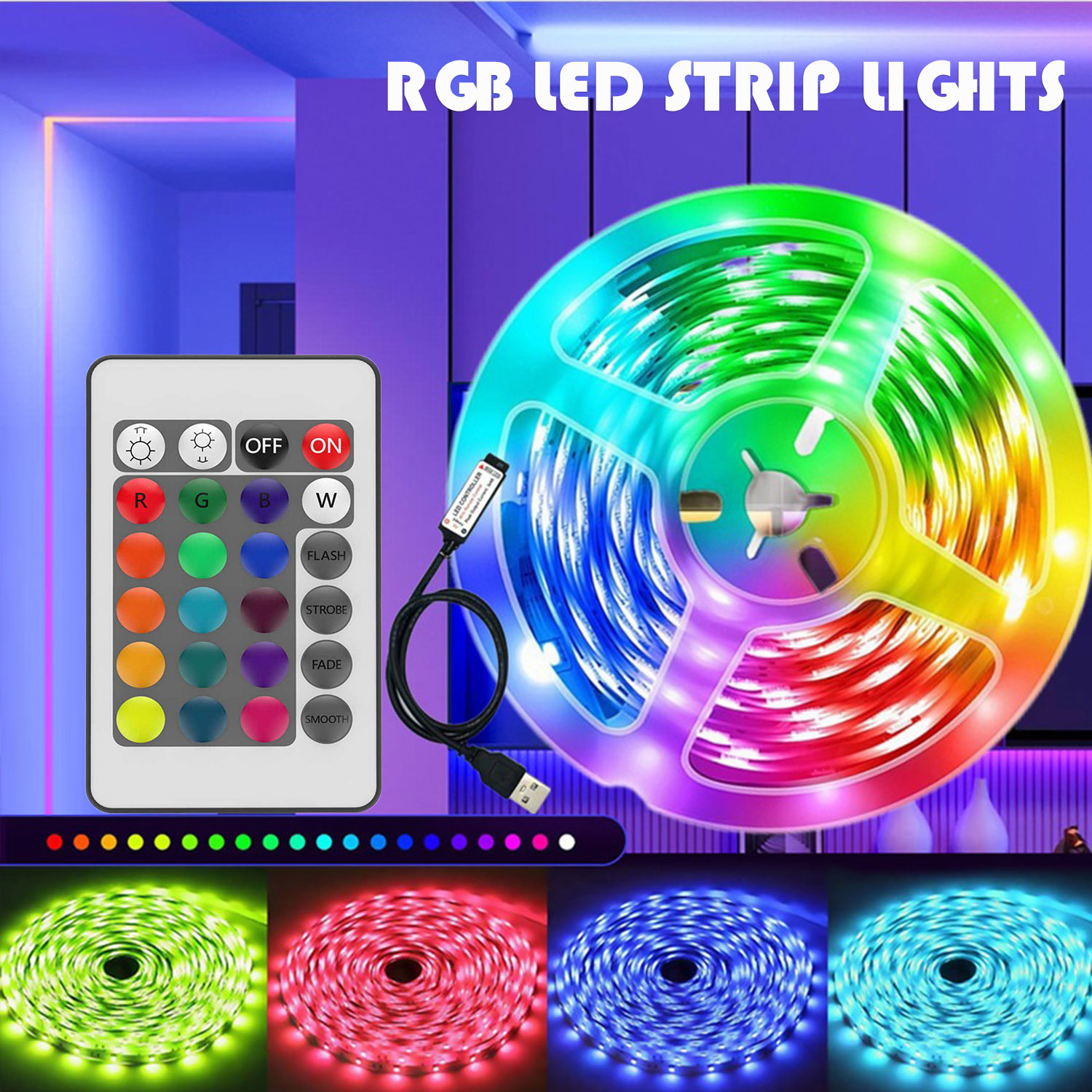 Colour Changing Bulb - 24-toetsen afstandsbediening RGB LED-lichtstrip, USB-aangedreven kleurveranderende
